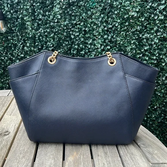 Michael Kors Jet Set Travel Large Chain Shoulder Tote Navy Blue Leather - Picture 3 of 9